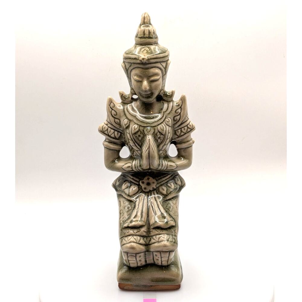 Vintage Thai Celadon Ceramic Goddess Figure Greeting Wai Statue Decor 10 in